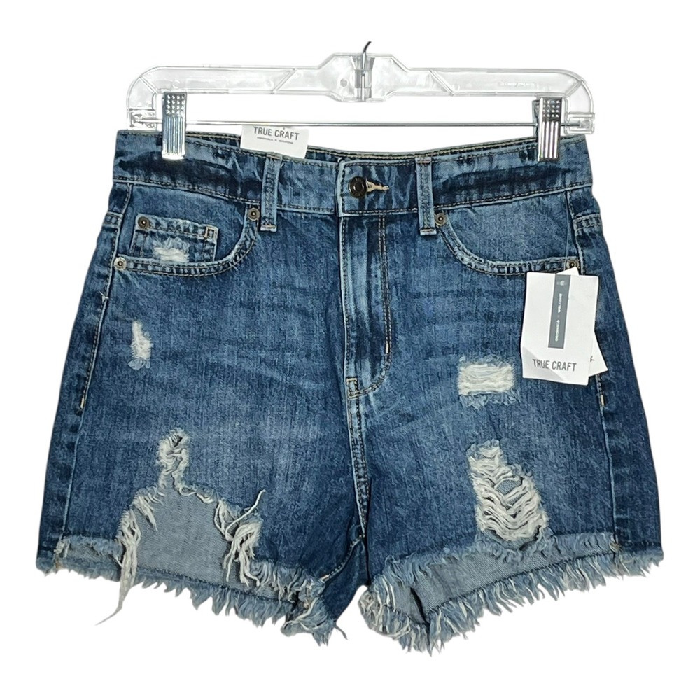 TRUE‎ CRAFT NWT Womens High Rise Distressed Denim Shorts Blue Size 5 Frayed Hem
